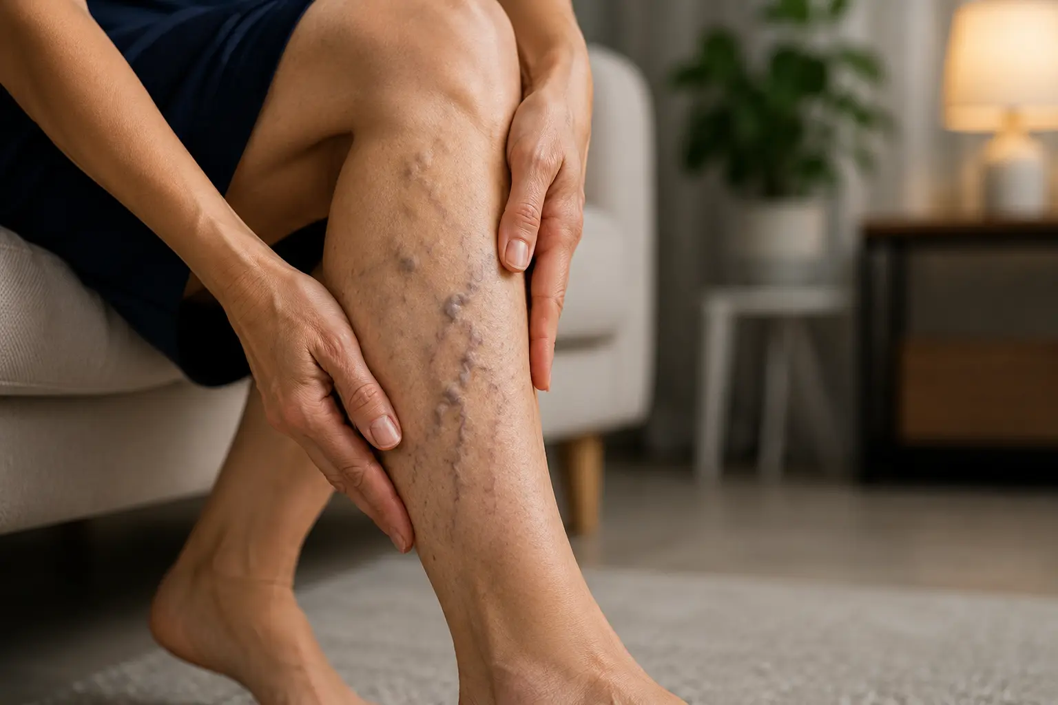 Woman examining varicose veins on her leg — are varicose veins dangerous or just cosmetic?