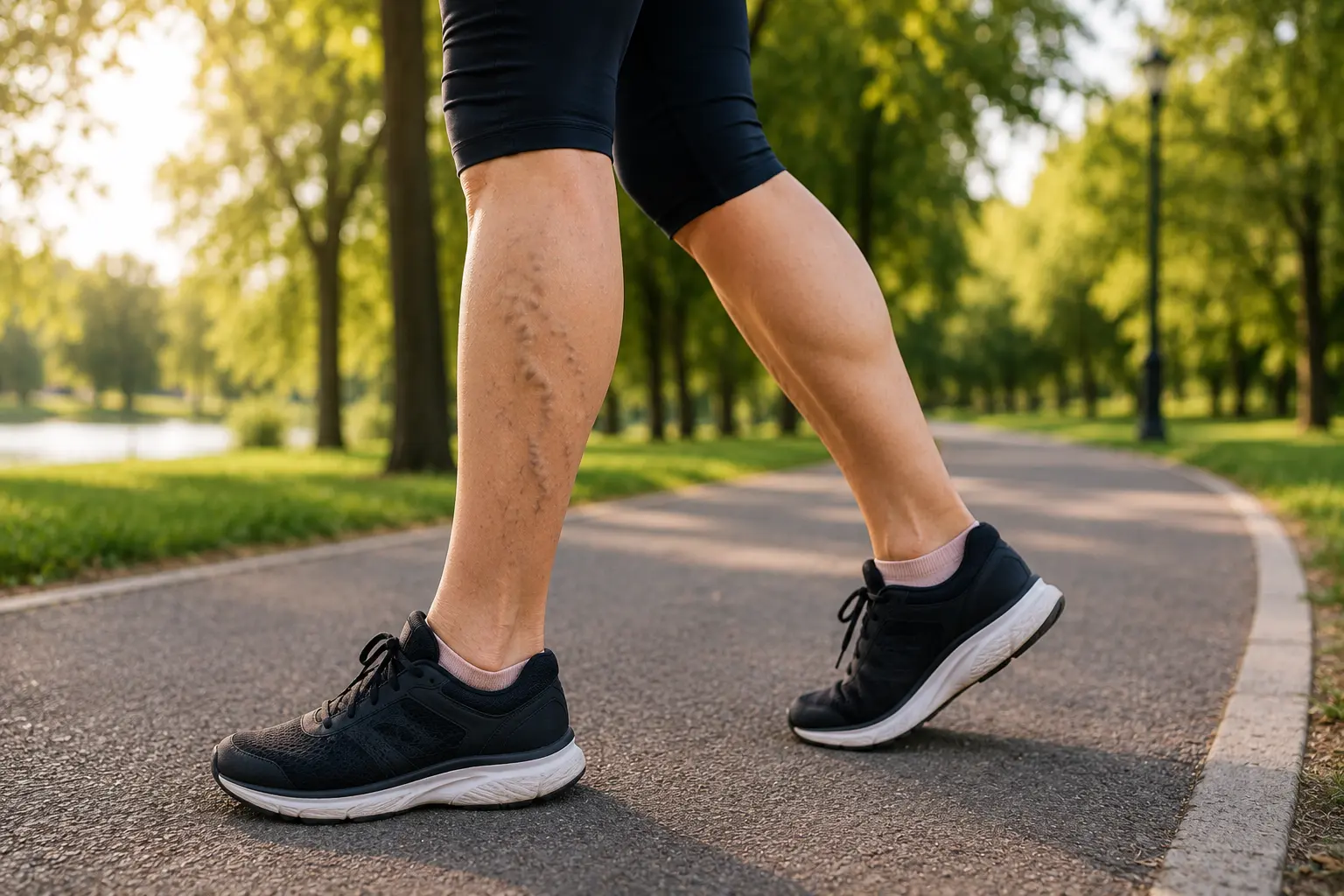 Person walking outdoors with varicose veins — can exercise help varicose veins?