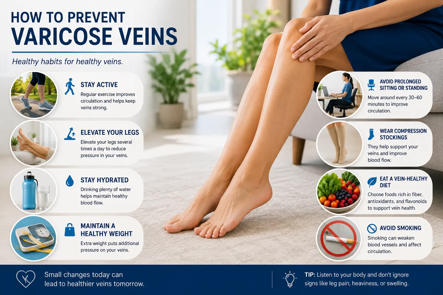 Infographic showing how to prevent varicose veins — healthy habits for healthy veins