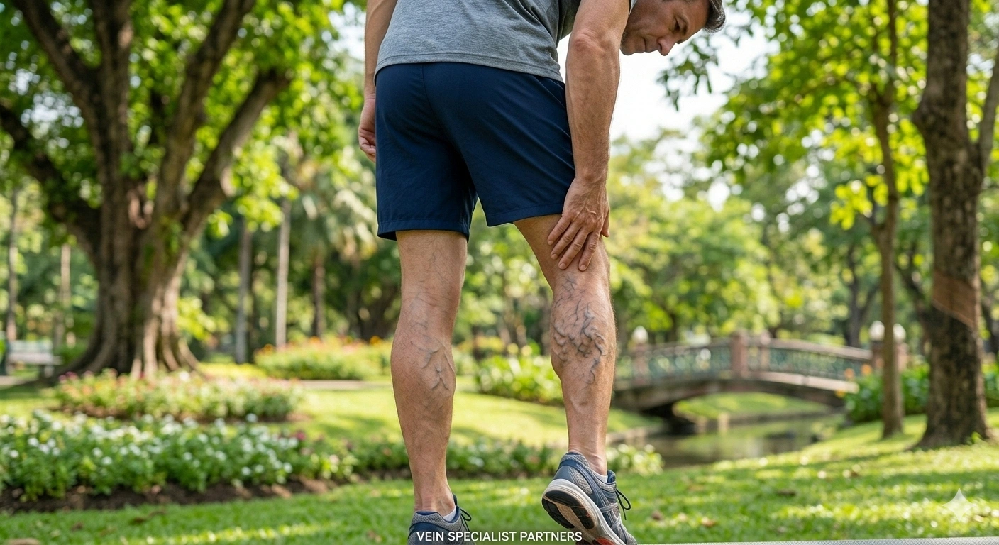 Hombres tratando várices antes de complicaciones