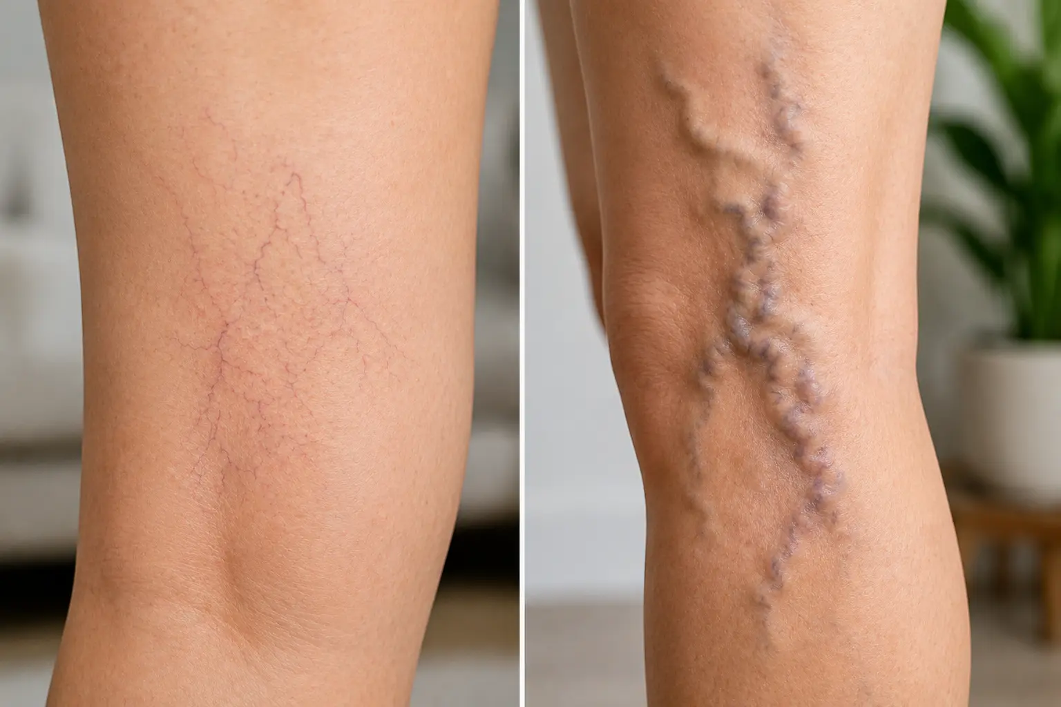 Side-by-side comparison of spider veins and varicose veins on legs