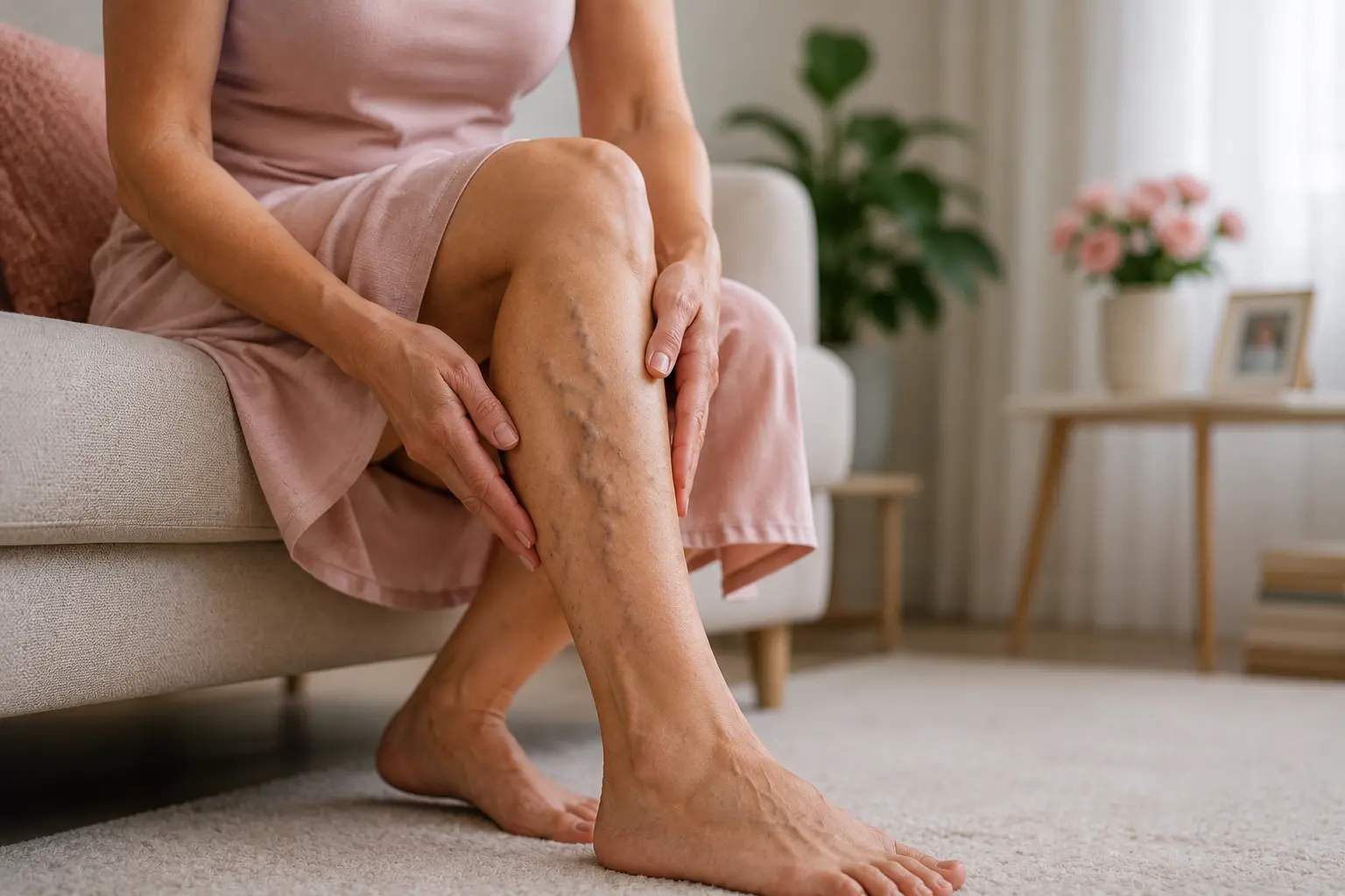 Woman with varicose veins — causes of varicose veins in women including pregnancy and hormones