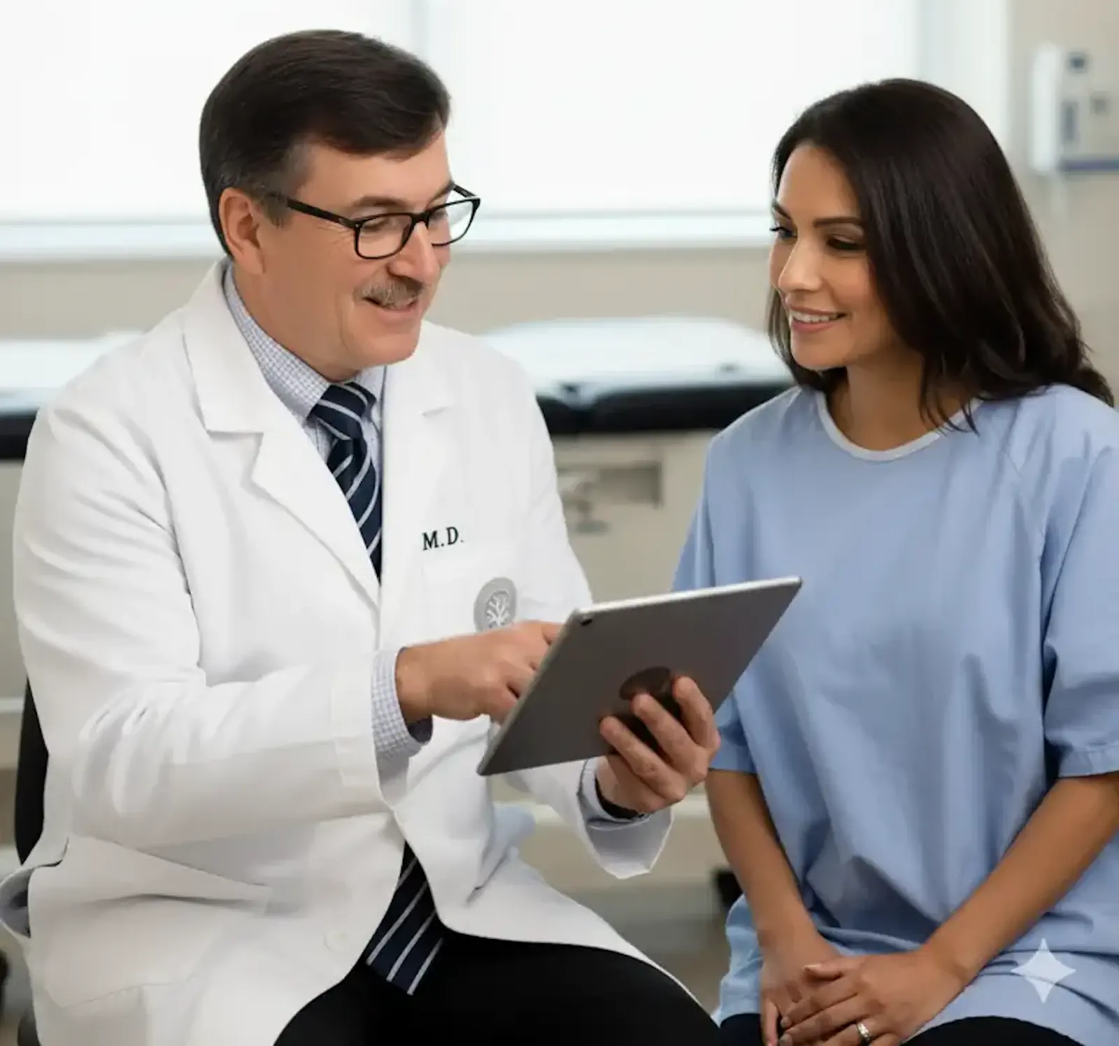 Happy patient reviewing Why Choose Us information on tablet about Vein Treatment Centers of NJ